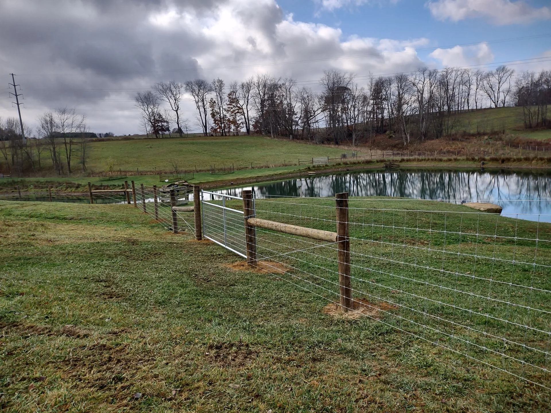 Woven wire fence beside a pond